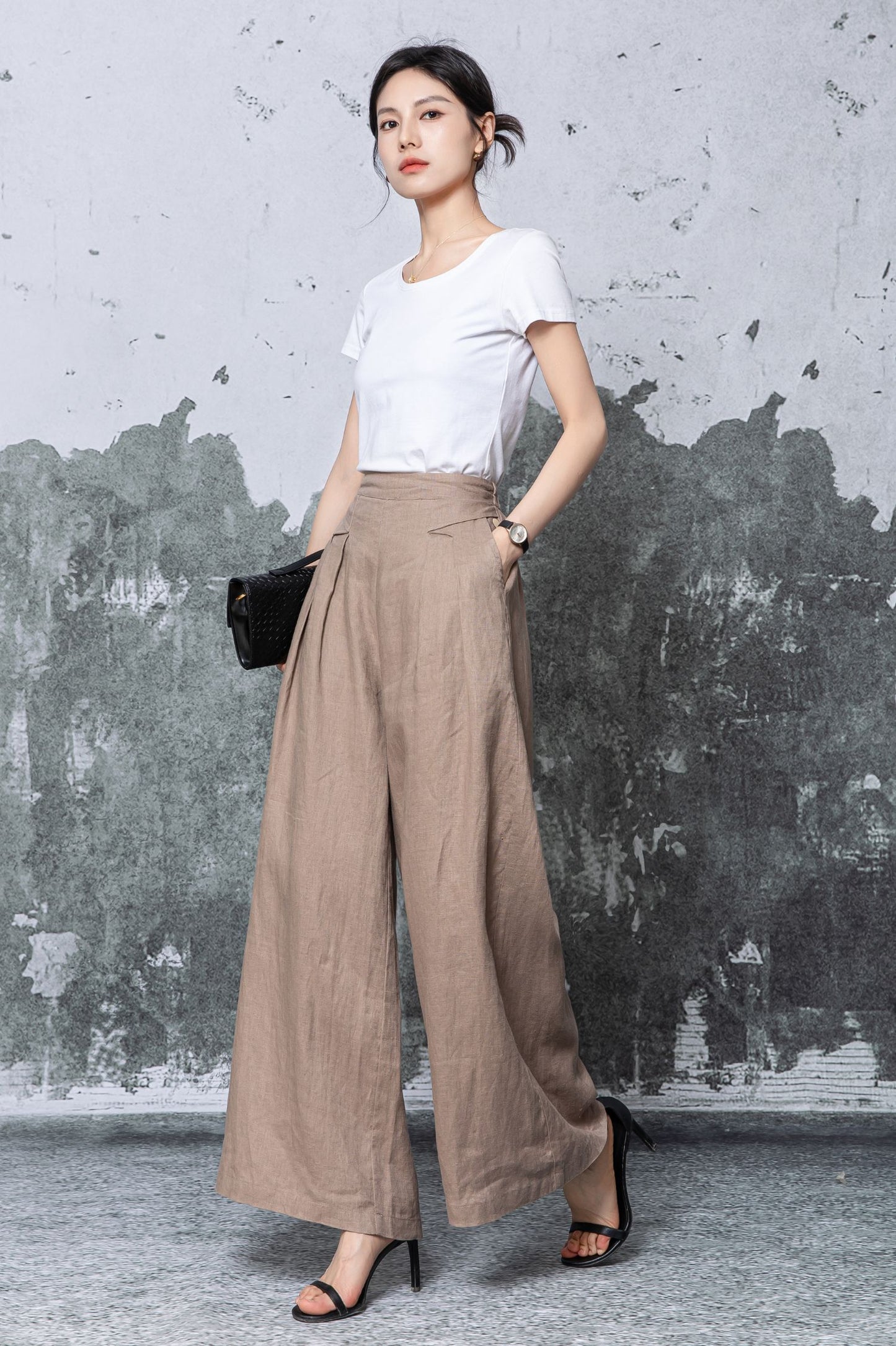 Brown Linen Wide Leg Pants - High Waisted Flowing Palazzo Trousers c5465