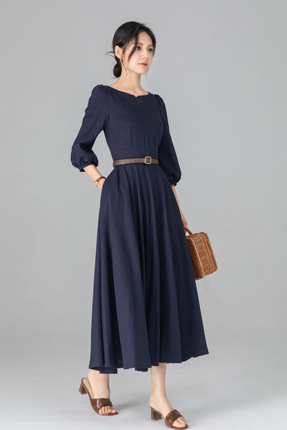 Navy Linen Cotton Midi Dress - A-Line Swing Dress with Boat Neck c5513