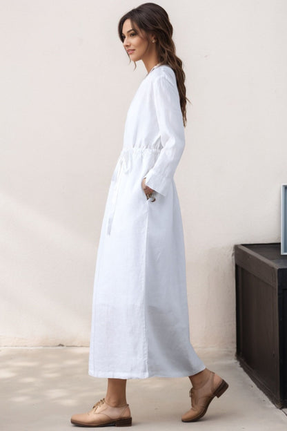 White Linen Casual Long Sleeve Drawstring Waist Dress C4617