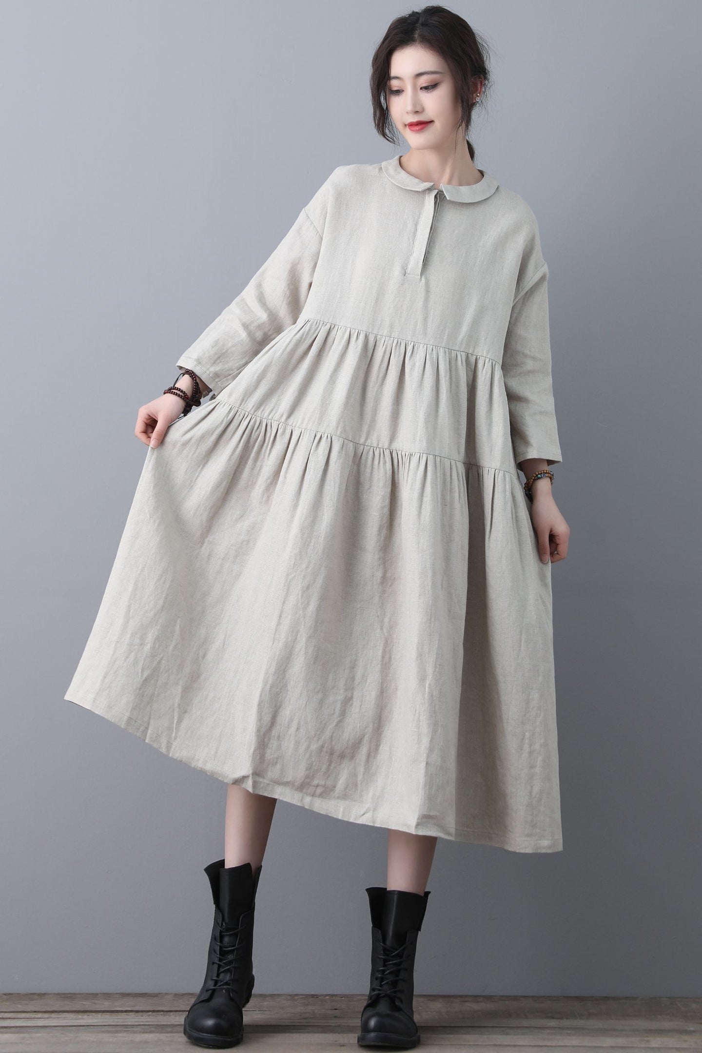 Loose Linen Midi Oversized Long Sleeve A line Dress with Pocket C1848