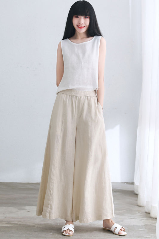 Beige Linen palazzo pants for Women C2660