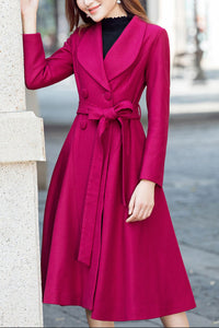 Winter rose red double-breasted wool coat C4205