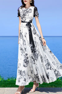 White women chiffon printing  dress C3979