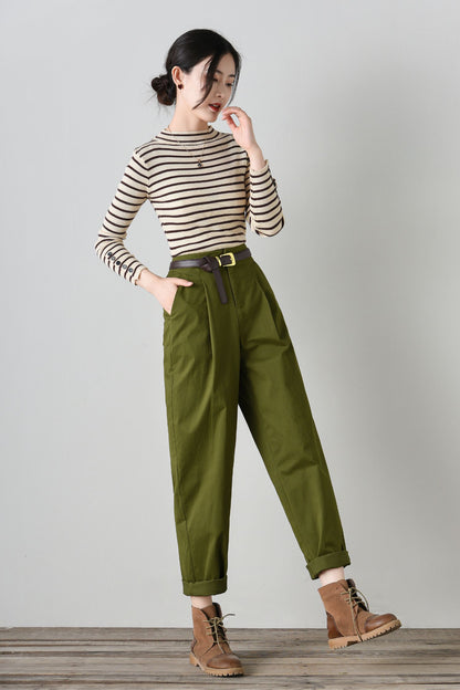 Army green cotton loose fitting pants C4700