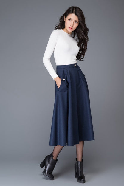 High waist blue midi winter wool skirt C1007