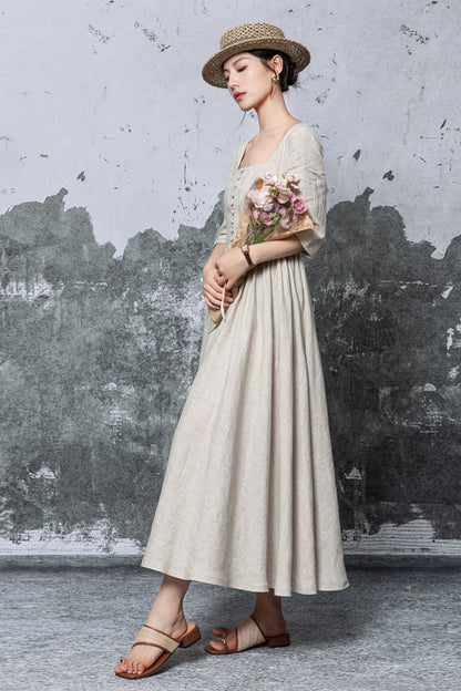 Beige Linen Maxi Dress - Square Neck, Empire Waist c5470