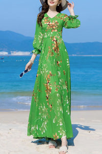 Summer Green Chiffon Long Sleeve Floral Dress C4107