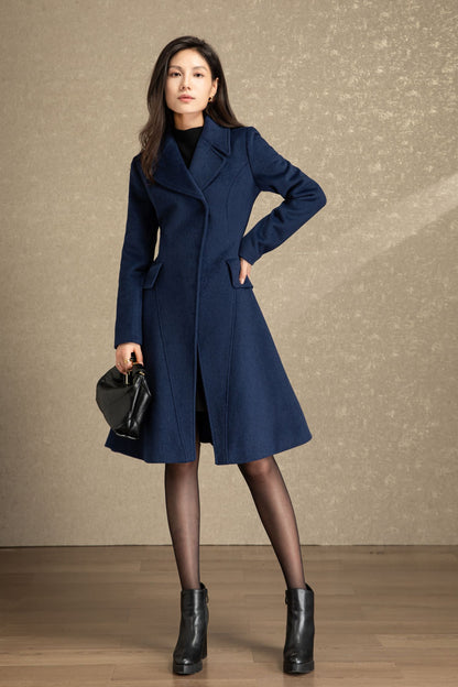 Blue fit and flare winter wool coat C4492