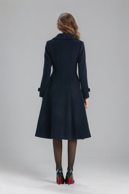 Double breasted Navy Blue Wool Coat C5136