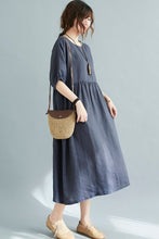 Load image into Gallery viewer, Natural Half Sleeve Linen Midi Dress in Navy C2113
