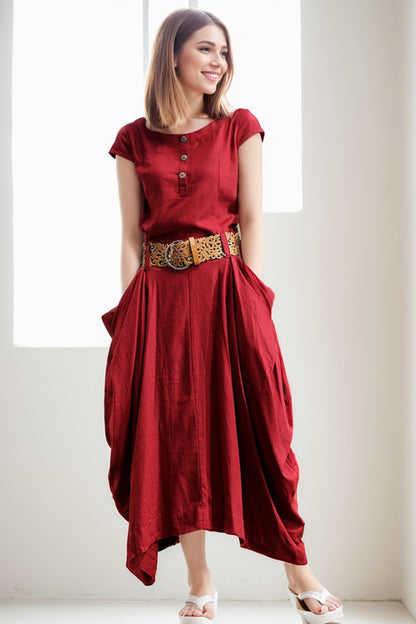 Linen Summer red womens asymmetrica dress C255