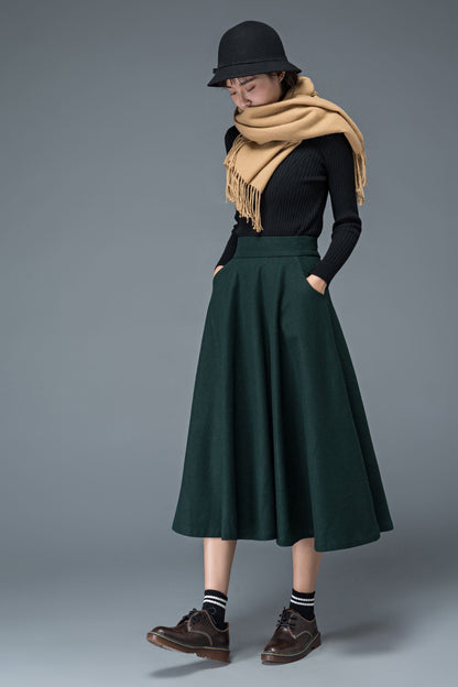 Green winter long wool skirt for women C1197