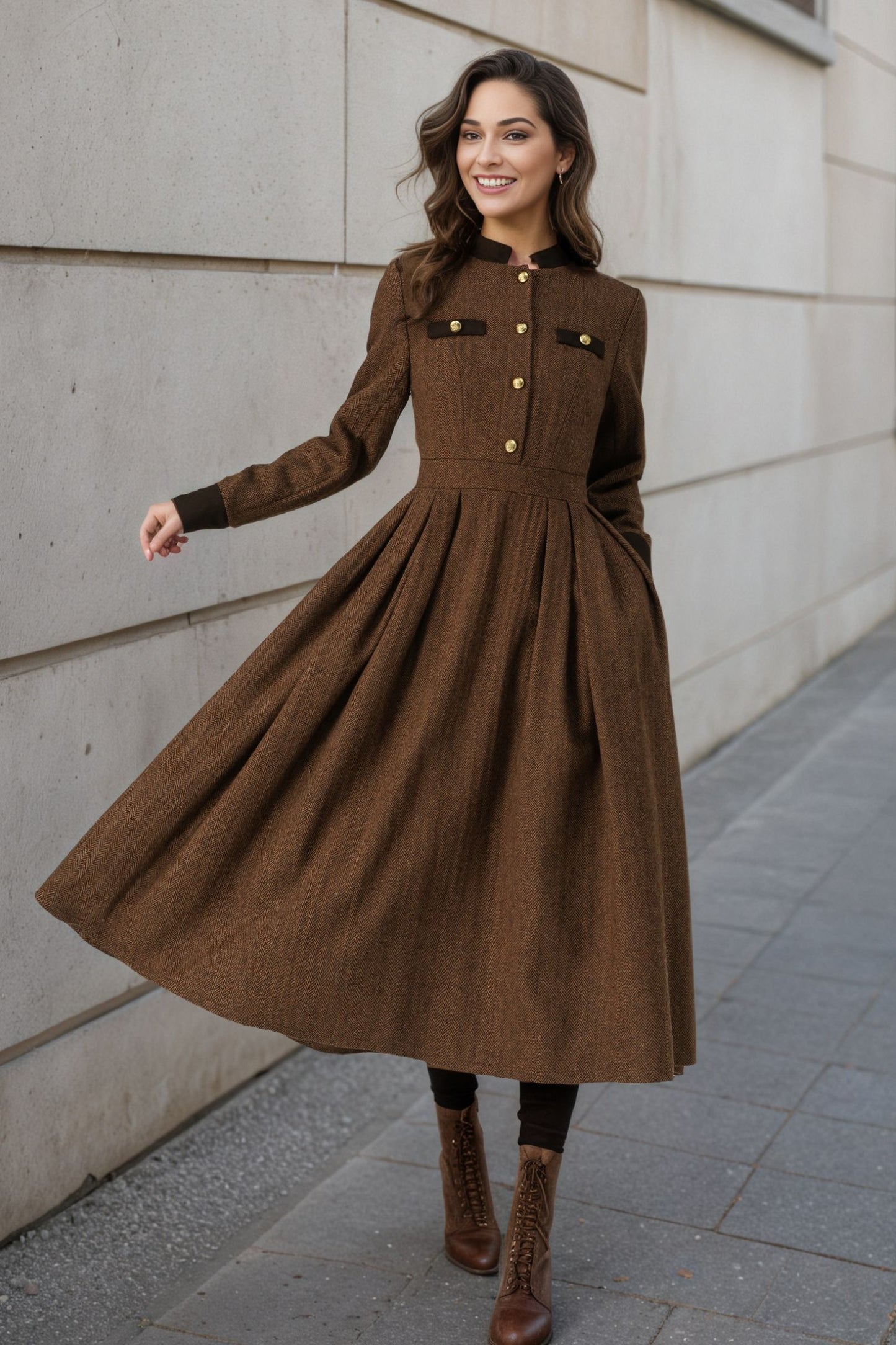 Warm Winter Military Button front Wool Dress Women C5194