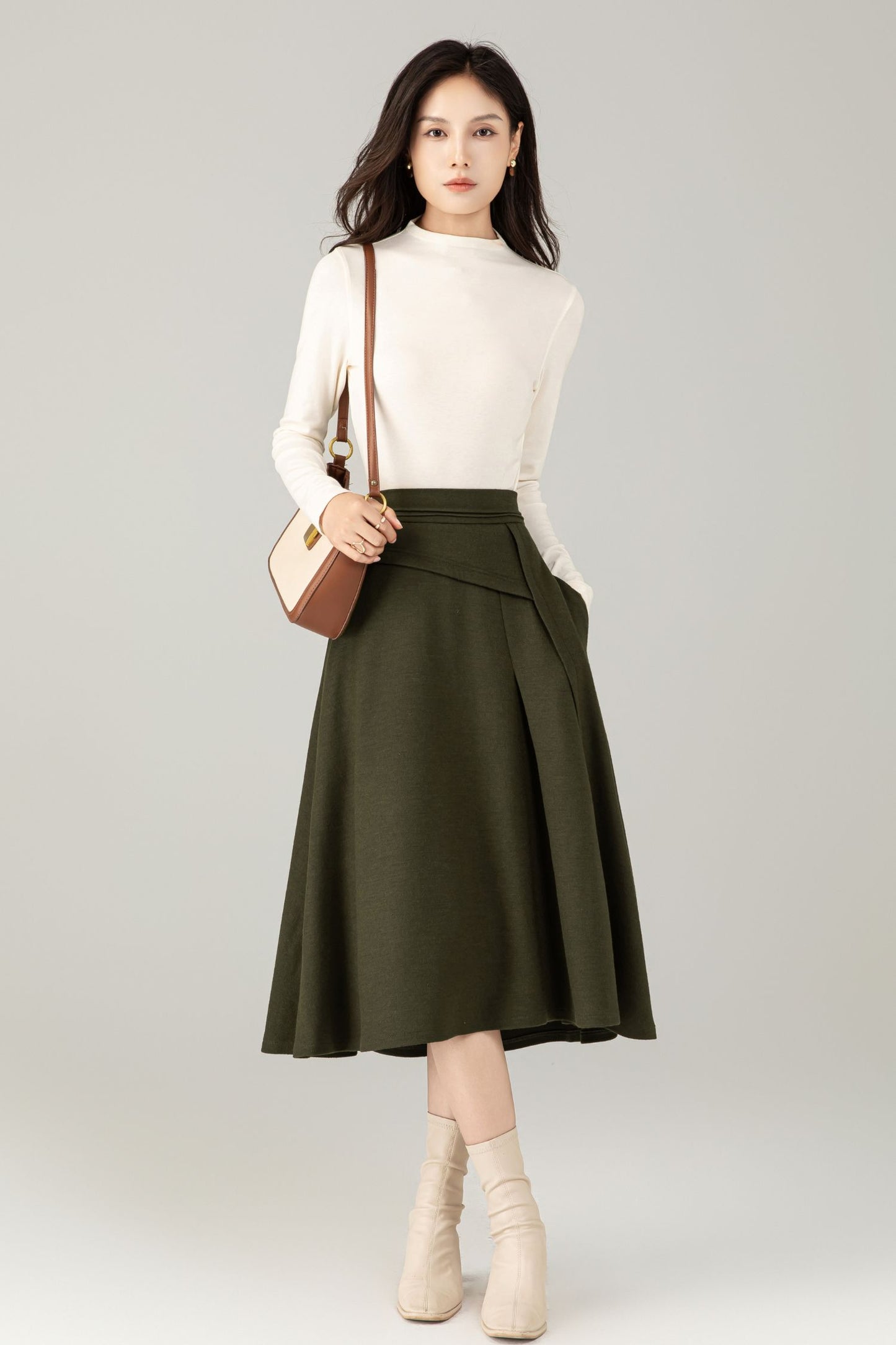 Green Wool Midi Skirt – A-Line Skirt with Pockets C5238