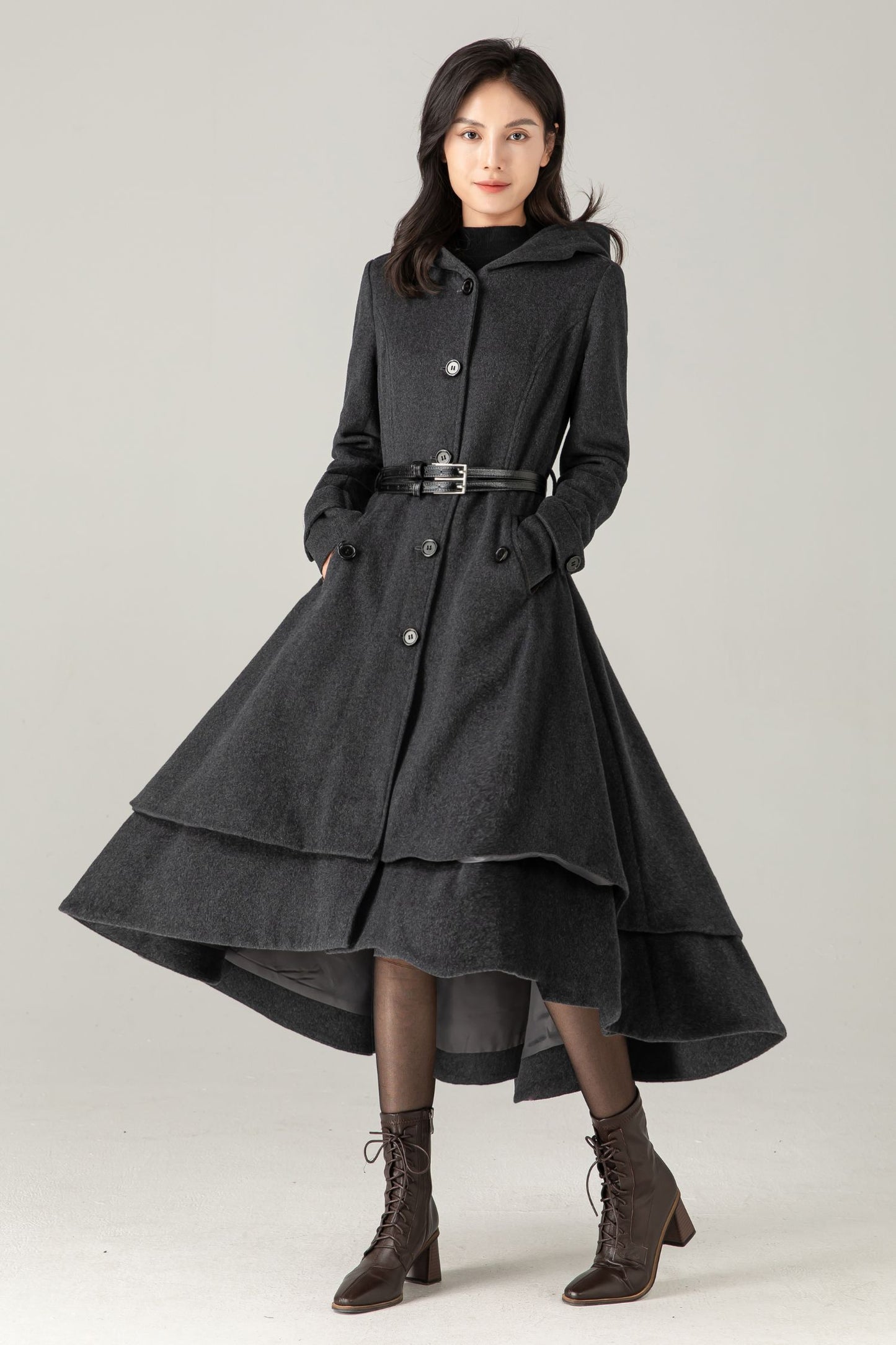Gray Hooded Wool Blend Coat: Belted High-Low Maxi Swing Winter Overcoat, Ylistyle C5374