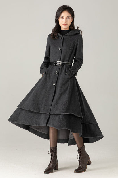 Gray Hooded Wool Blend Coat: Belted High-Low Maxi Swing Winter Overcoat, Ylistyle C5374