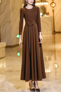 Brown long-sleeved round neck long dress C4180