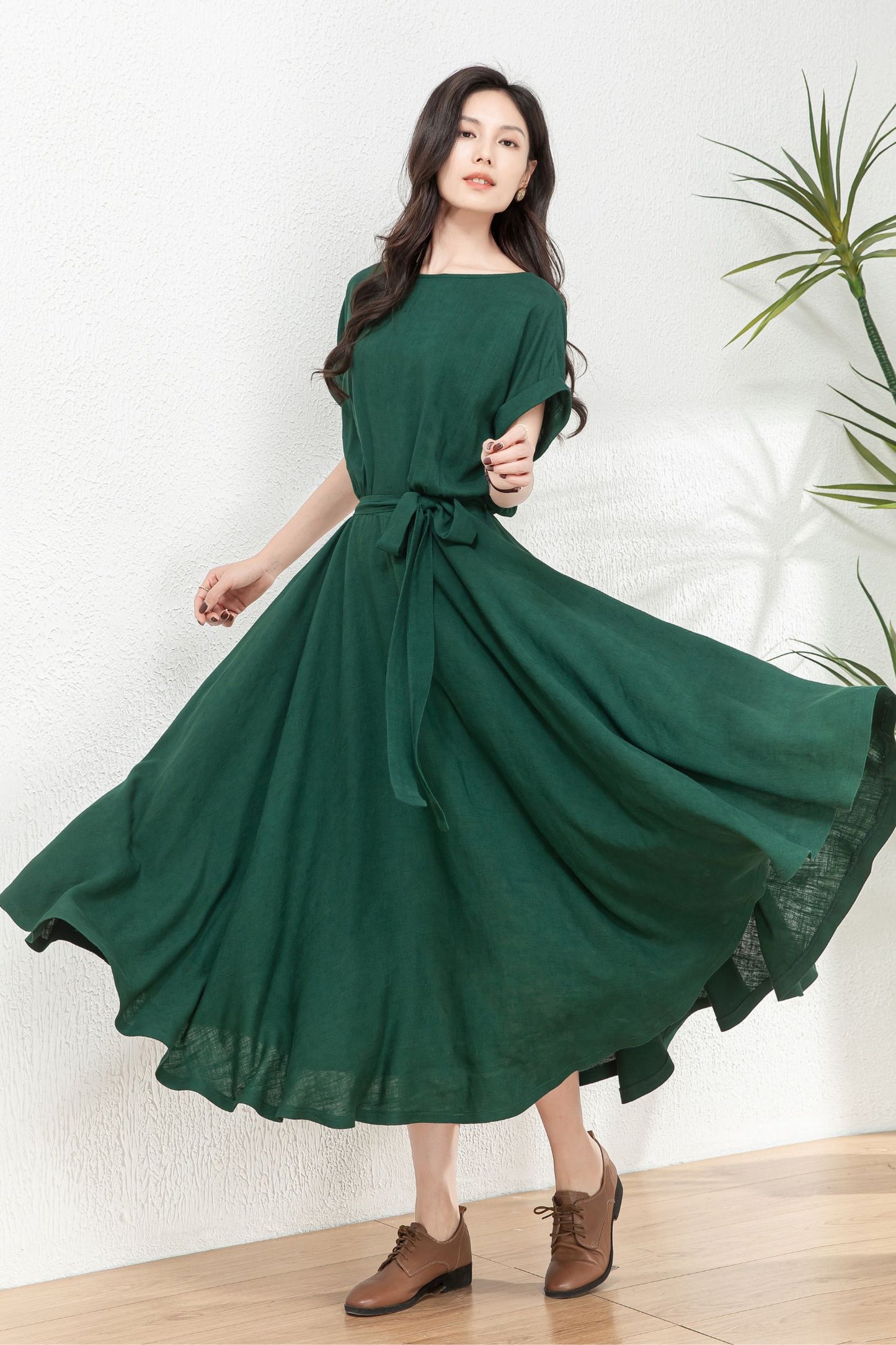 Linen midi swing green dress C4770