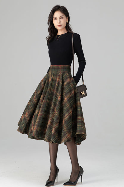 Swing Retro Tartan Midi Plaid Wool Skirt C5197