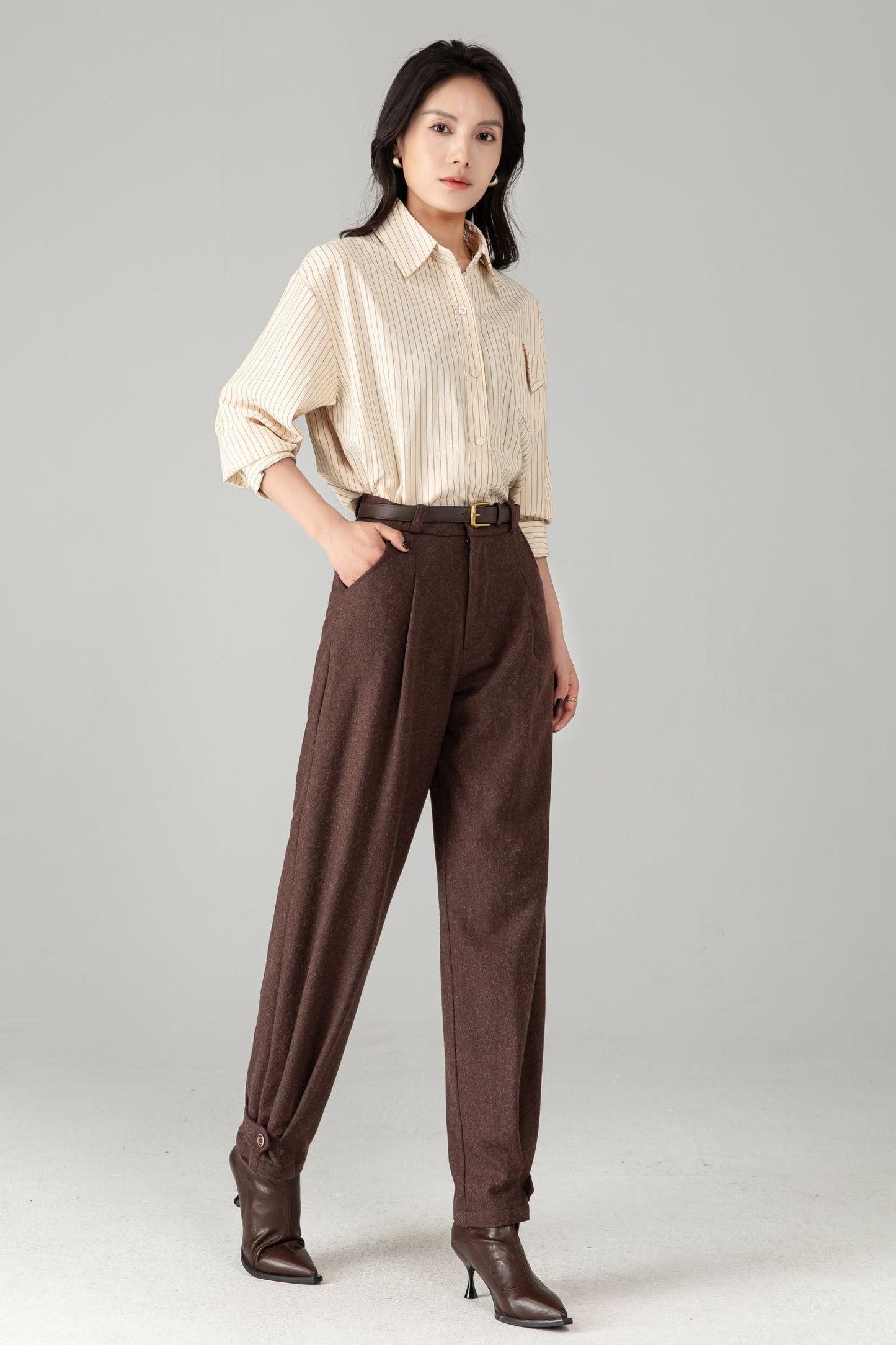 Brown Wool Tapered Trousers: Women’s Vintage-inspired Lantern Pants C5340