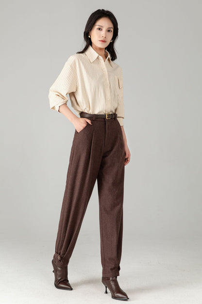 Brown Wool Tapered Trousers: Women’s Vintage-inspired Lantern Pants C5340