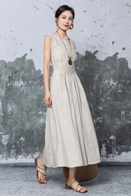Natural Linen Maxi Dress - Sleeveless A-Line with Smocked Waist c5468