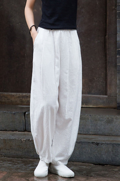Orange Cotton Linen Lantern Pants - High Waist Wide Leg Comfort L0611
