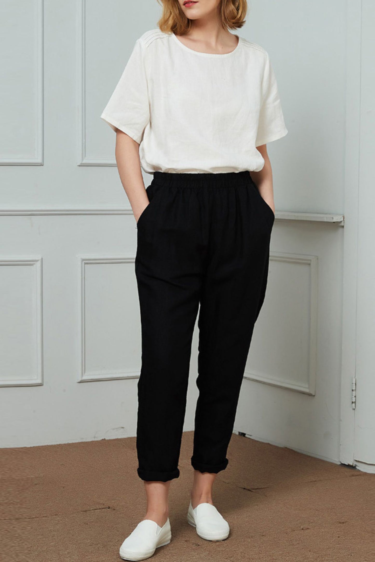 Linen narrow-leg regular length pants C1466