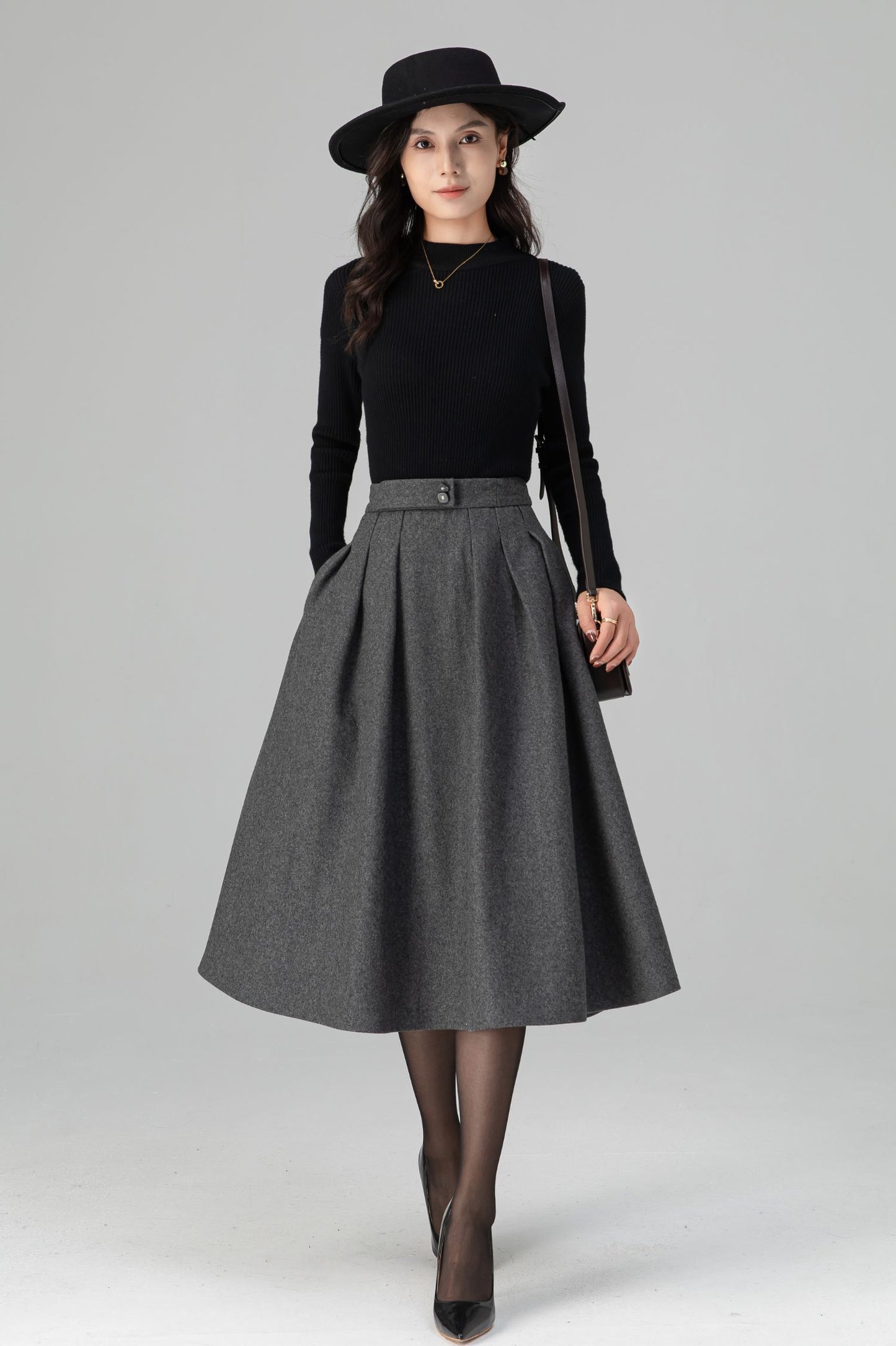 Winter Warm Pleated Midi High Waist Wool Skirt C5200