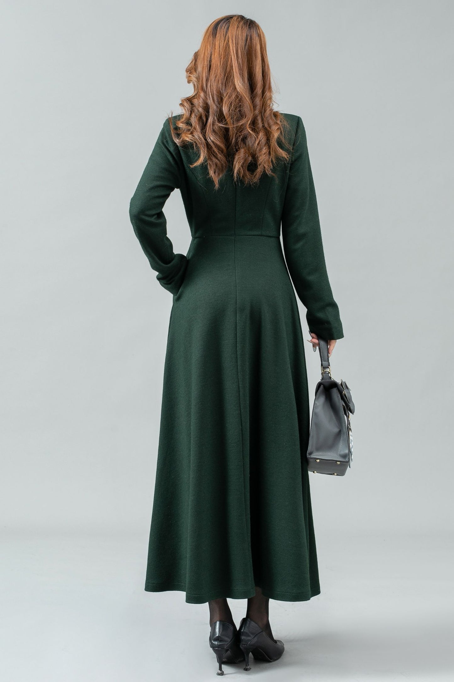 Green maxi winter wool dress women C4443