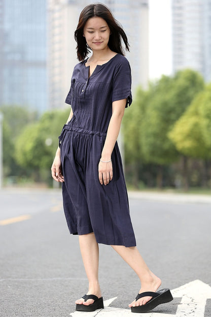 Casual Navy Blue Short-Sleeved Pleated Mid-Length Dress for Women C268