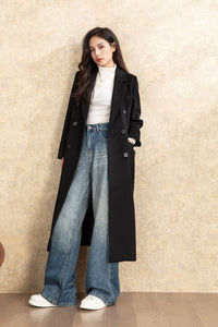 Black winter long casual wool coat C4467