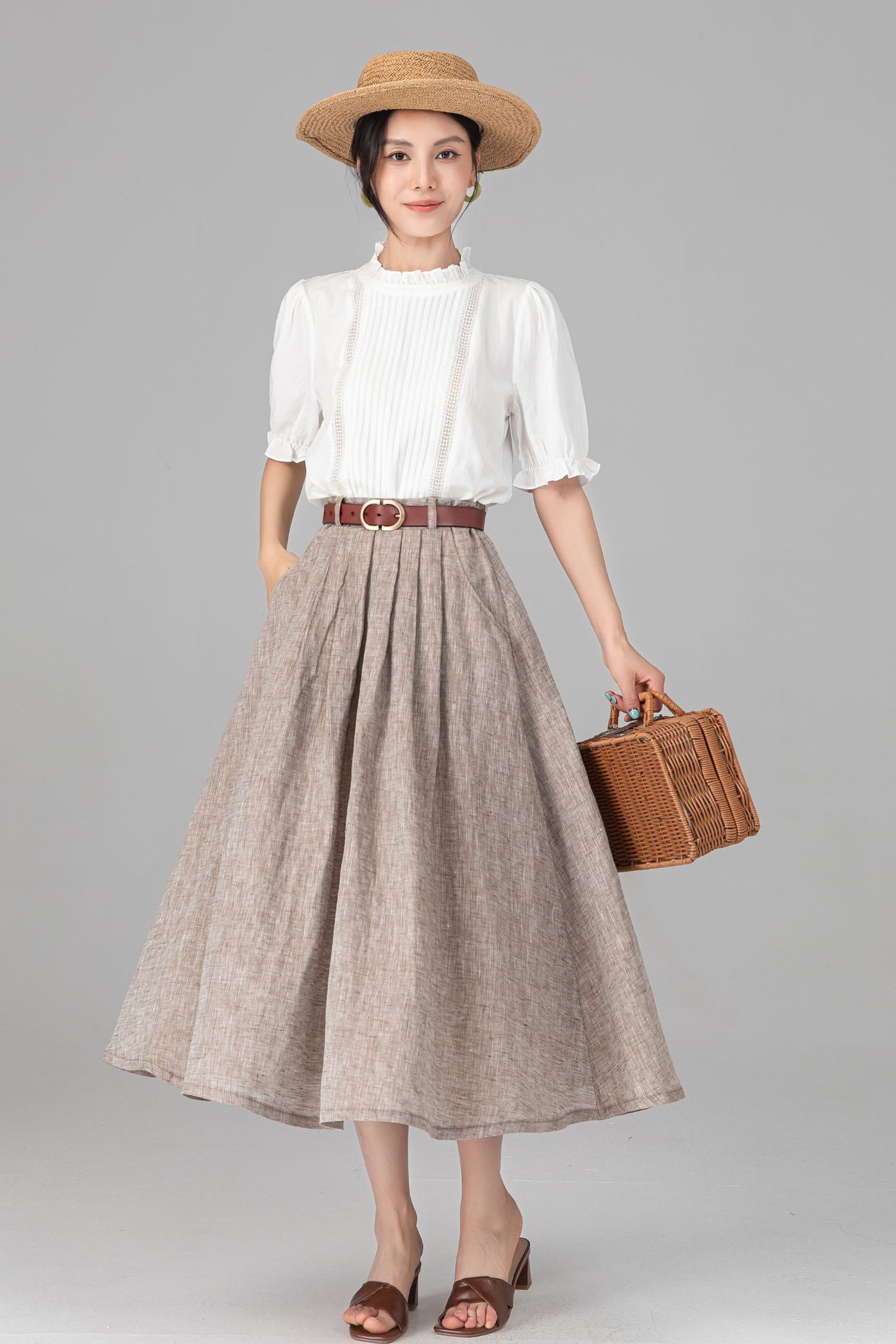 Beige Linen A-Line Midi Skirt with Pockets - Pleated & Comfortable C5520