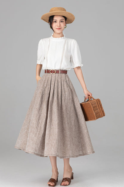 Beige Linen A-Line Midi Skirt with Pockets - Pleated & Comfortable C5520
