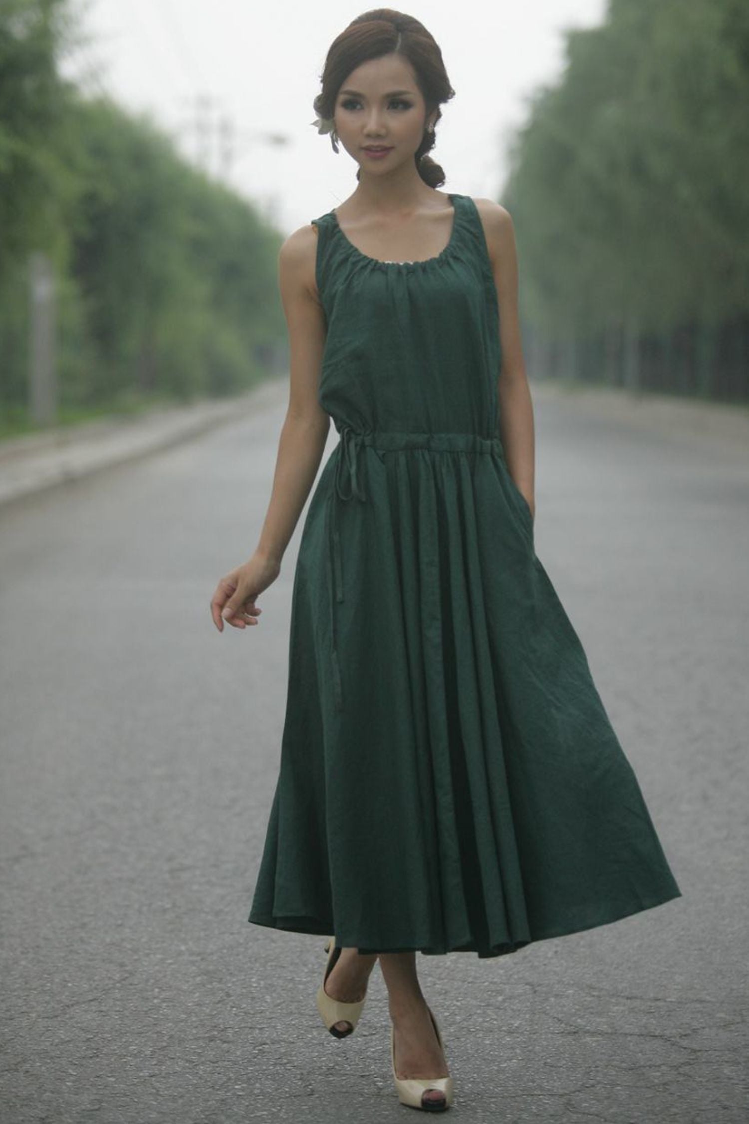 Green Sleeveless Linen Dress C152 YLISTYLE Green Sleeveless Linen Dress C152 YLISTYLE