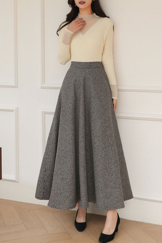 Vintage Classic Long Maxi Plaid Wool Skirt C5190