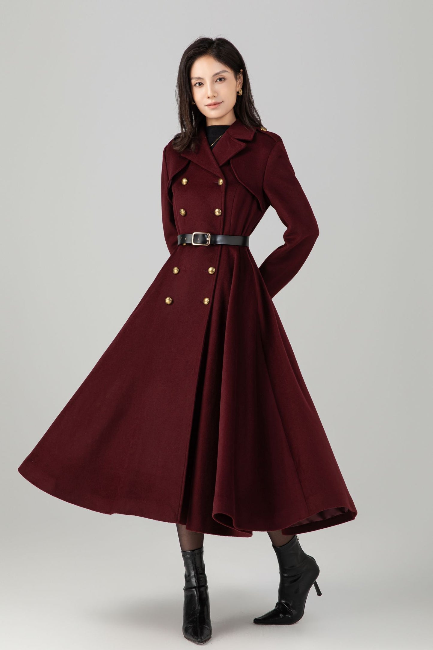 Burgundy winter long warm wool coat C5271