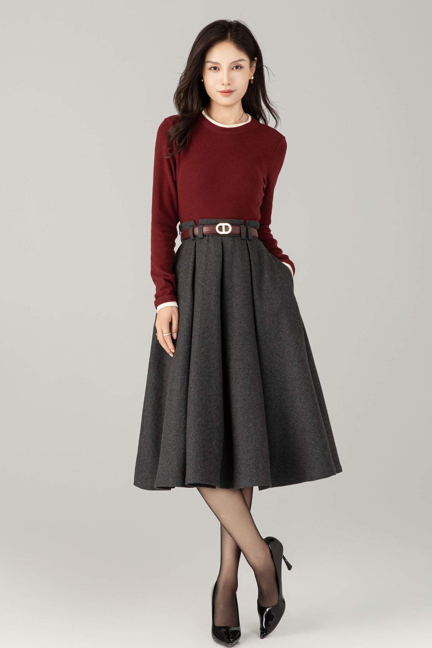 High waist a line gray winter wool skirt C5240