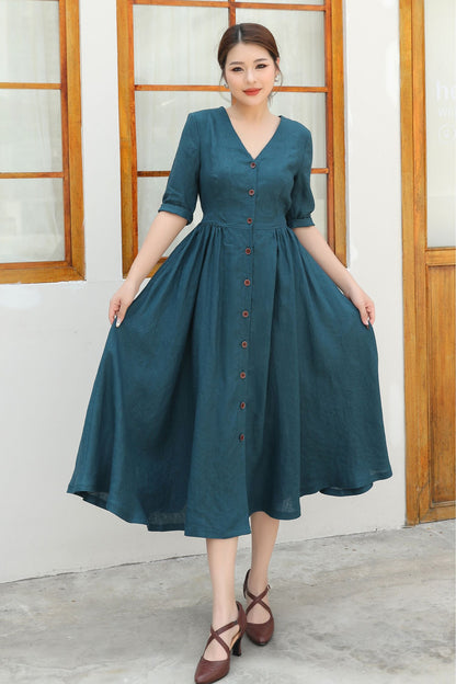 Button Front linen Midi dress c4839