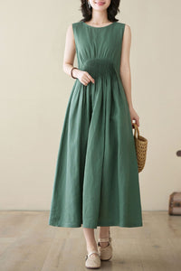 sleeveless Green maxi linen dress C3952
