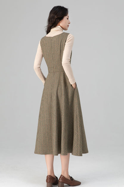 Autumn-Winter Plaid Sleeveless Midi Wool Dress C5206