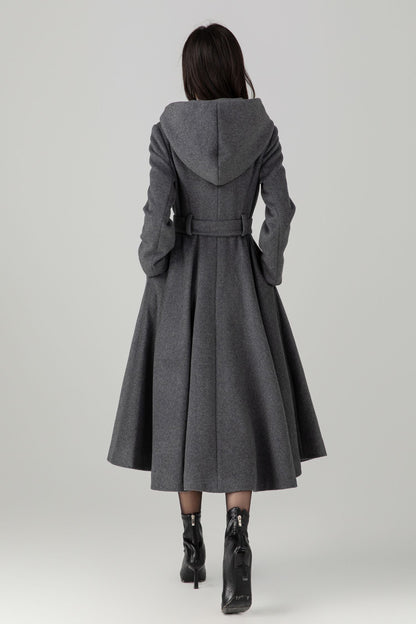 Swing gray long hooded wool coat C5269