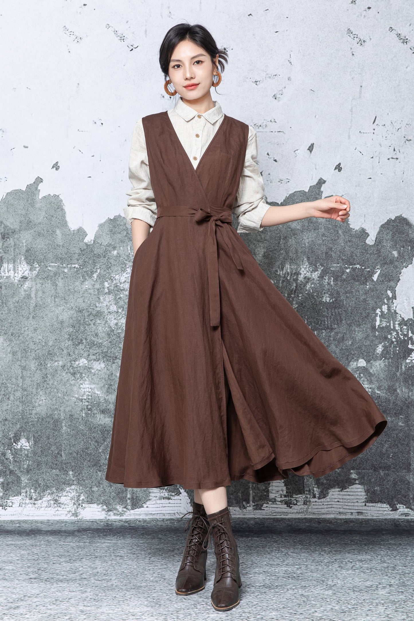 Brown Linen Wrap Midi Dress - Sleeveless V-Neck Tie Waist c5476