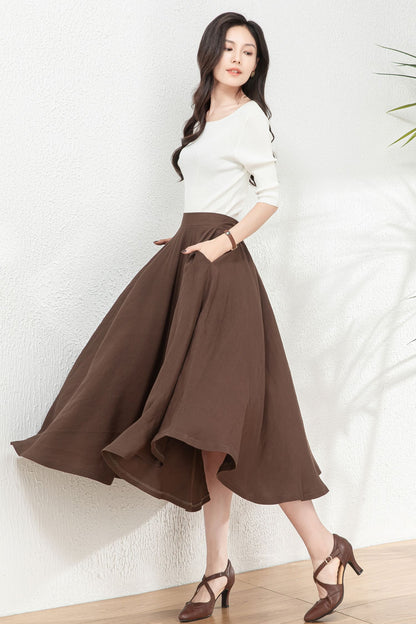 Brown Linen Swing Mid-Length A-Line Skirt C4764