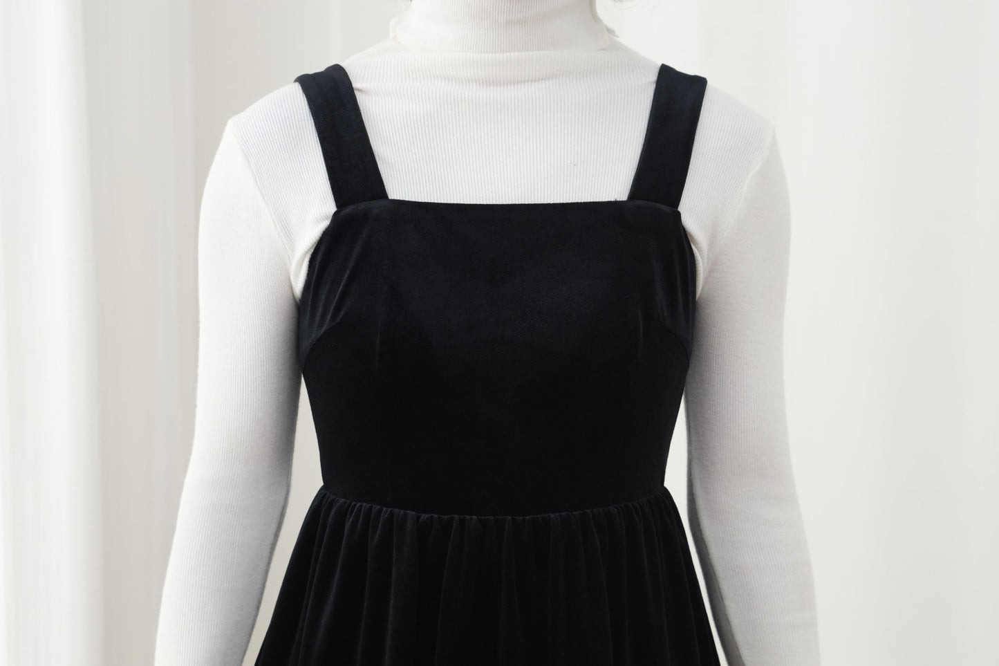 Black Velvet Midi Dress – Sleeveless A-Line Pinafore Dress with Square Neck, Autumn Winter Wear, Handmade, Ylistyle C5447