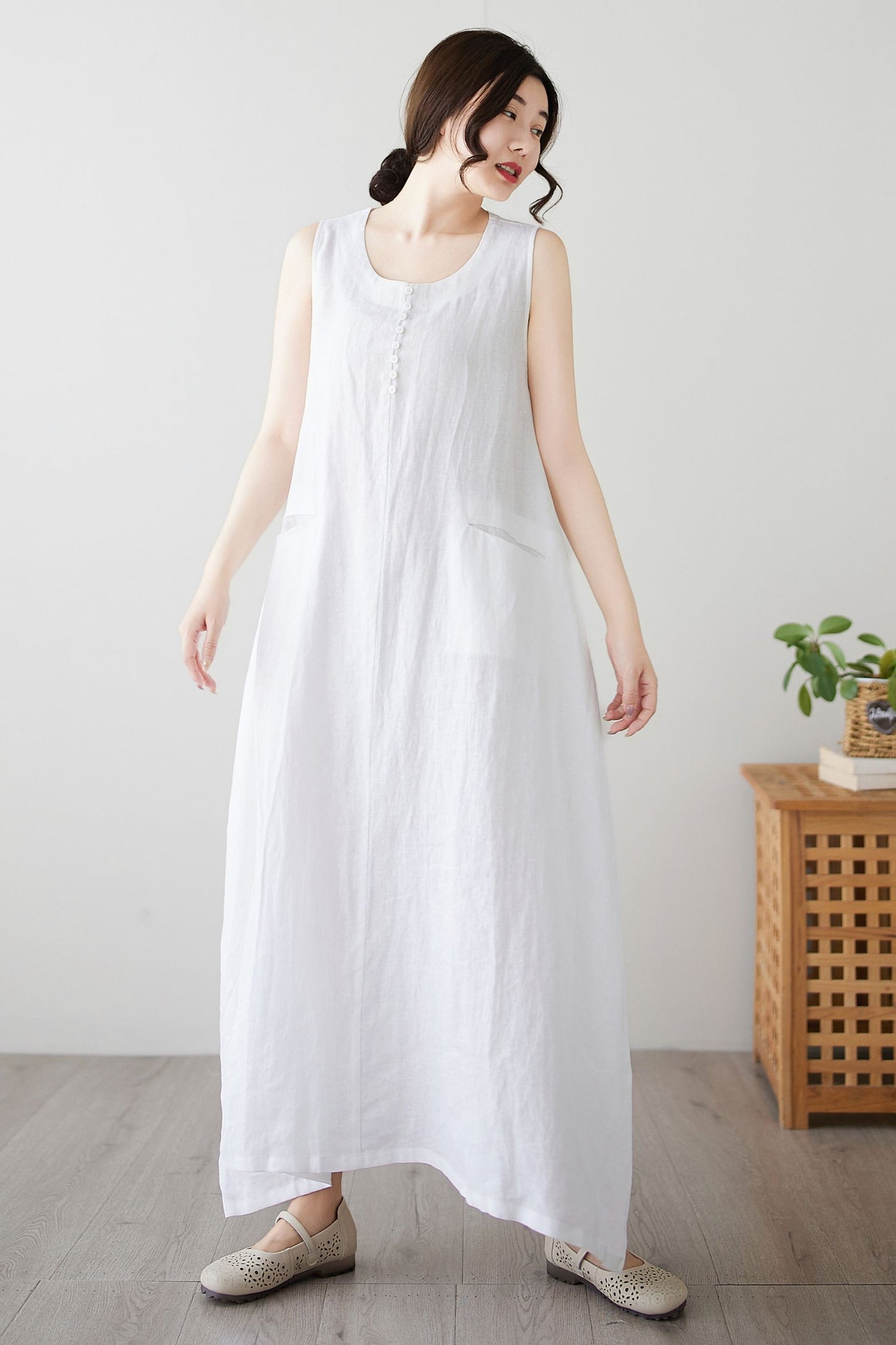 Women's Summer White Long Linen dress c4897
