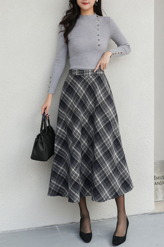 Plus Size Midi Plaid Wool Skirt C5188