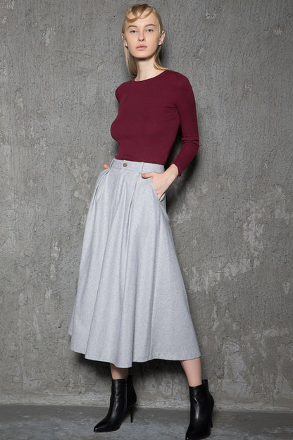 Gray pleated winter wool skirt women C737