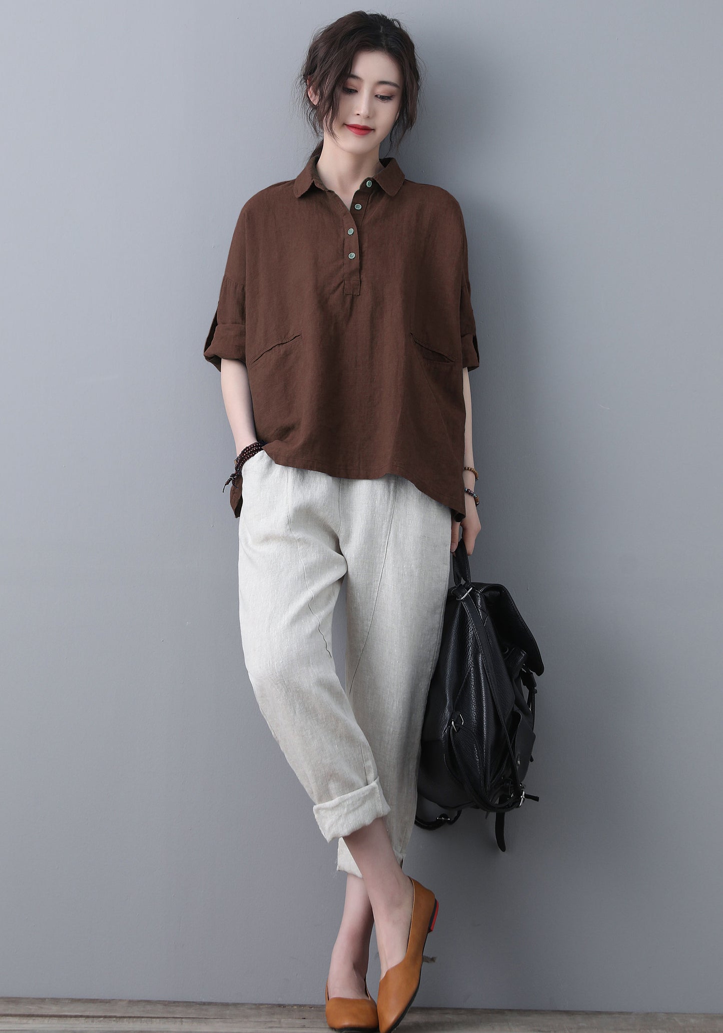 Brown Loose linen Tops C5346