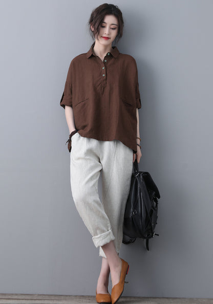 Brown Loose linen Tops C5346